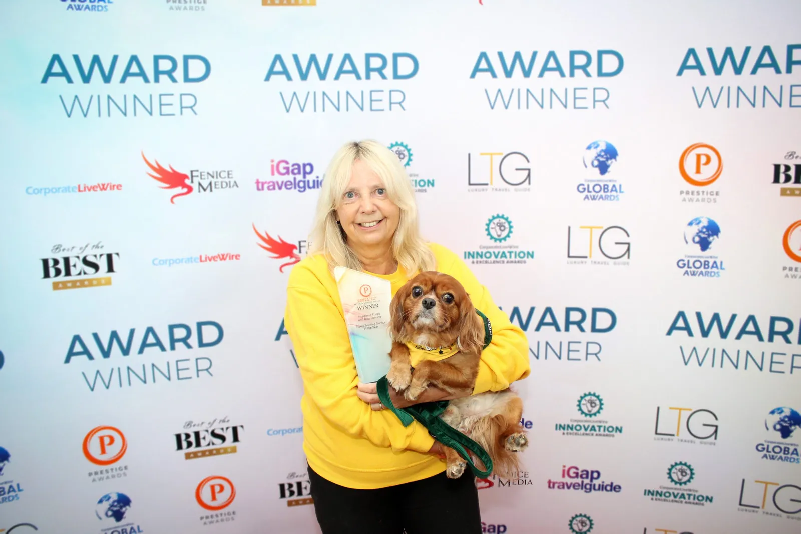 Pic showing Sandra - Happipup founder winning Puppy Training Service Of The Year<br />
London & South East (Berkshire)